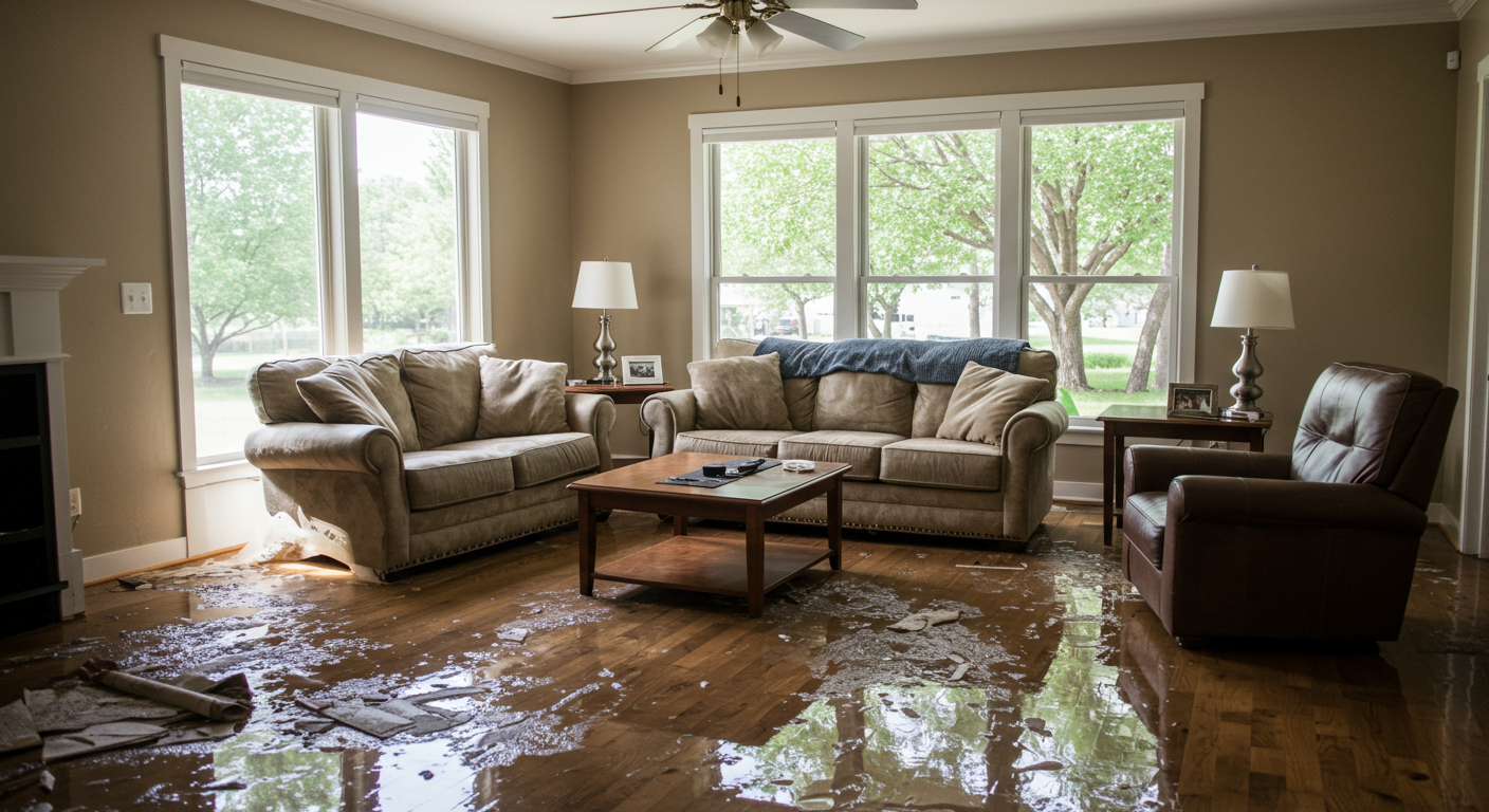 A flooded living room in a typical Spartanburg home, with water pooling on the floor, furniture slightly submerged, and sunlight streaming through the windows. The scene highlights the urgency of water damage clean up.