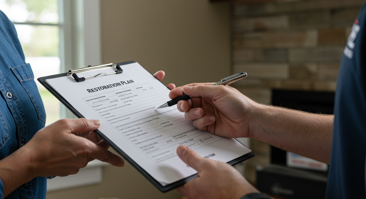 A homeowner in Spartanburg, SC, discussing a restoration plan with a certified technician. The image features a clipboard with a detailed assessment and a friendly interaction, emphasizing professionalism and trust.
