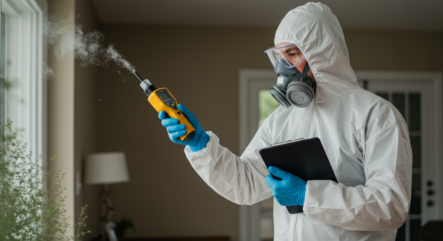 A certified mold specialist in protective gear inspecting a home in Greenville, SC.