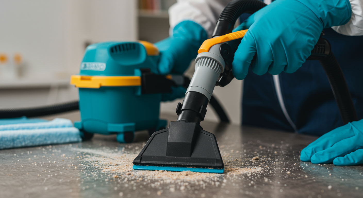 A close-up of a technician using professional tools to remove mold from a surface.
