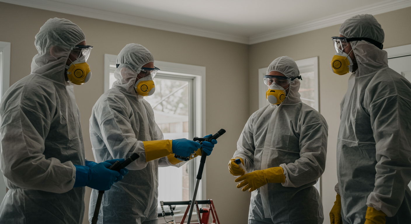 A team of professionals in protective gear working together to remove mold from a home, using eco-friendly techniques. The focus is on teamwork and safety.