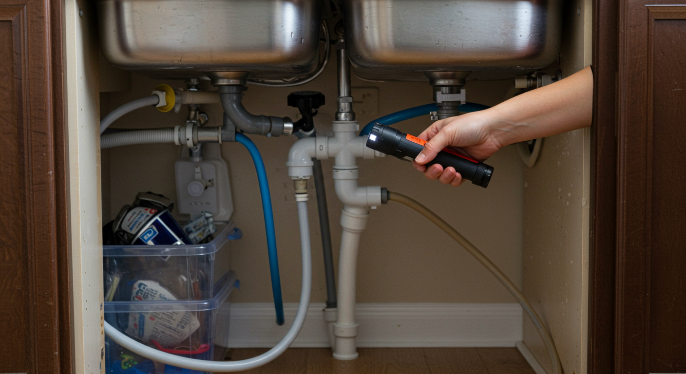 A homeowner inspecting their plumbing under a sink with a flashlight. The image shows a clean and organized kitchen with no visible water damage, emphasizing prevention.