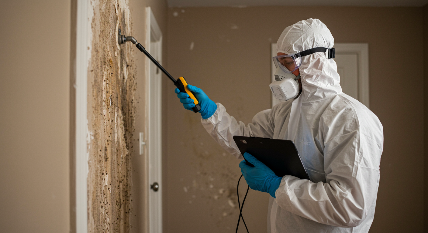 A team of technicians in protective suits actively removing mold from a wall using specialized tools