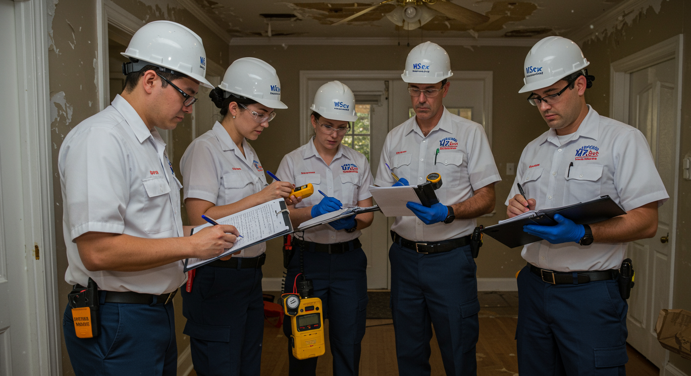 A team of uniformed restoration professionals assessing water damage in a Spartanburg home. They are using tools like moisture meters and taking notes, showcasing their expertise and teamwork.