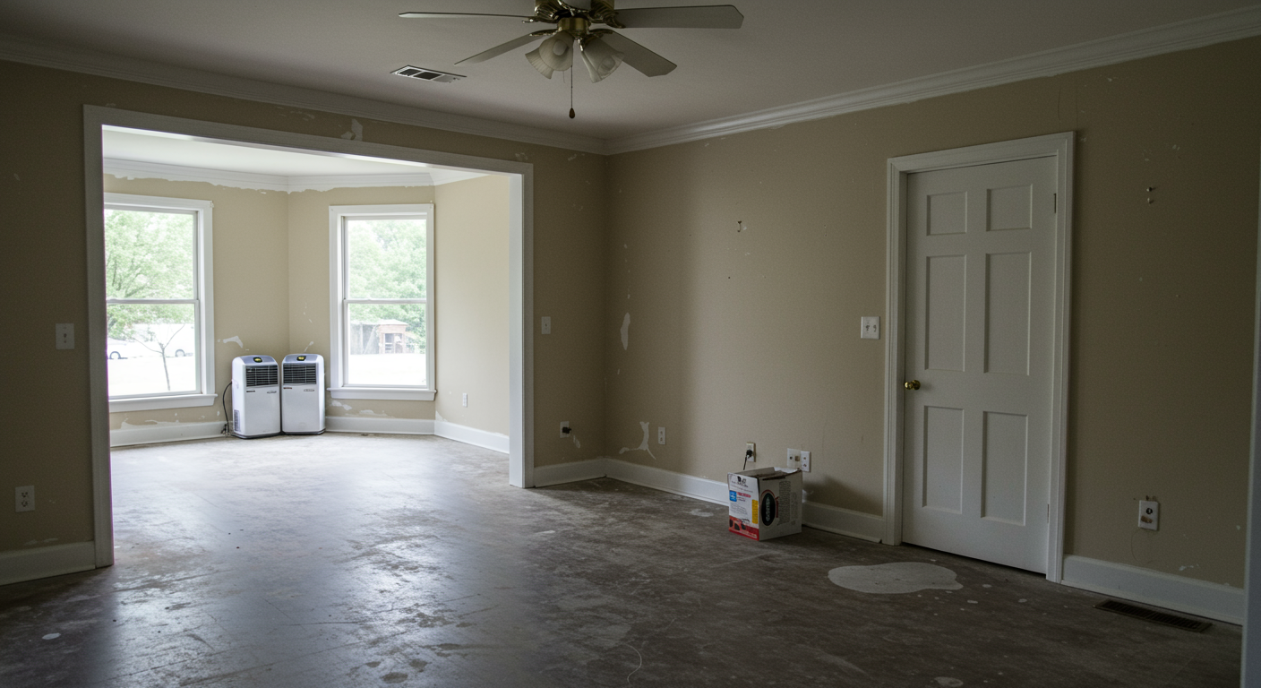 A professional water damage restoration team actively working in a flooded living room. The team is using industrial-grade equipment like water extractors and dehumidifiers. The background shows a Spartanburg, SC-style suburban home with visible water damage on the walls and floor.