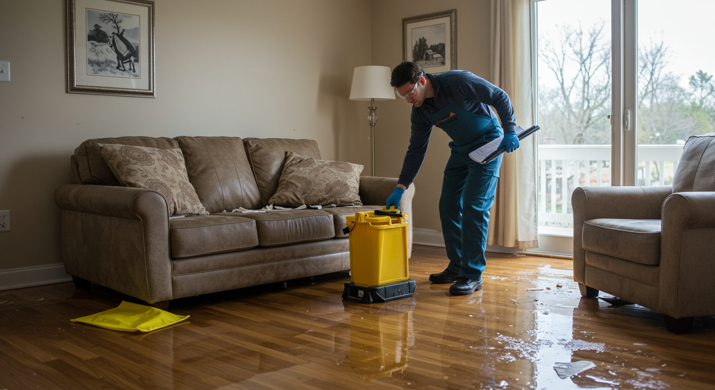 A professional technician inspecting a flooded living room, with water pooling on the floor and damaged furniture. The technician is focused on assessing the extent of the water damage.
