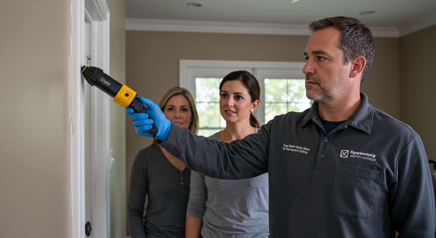 A technician using a moisture detection tool to inspect a wall for hidden water damage.