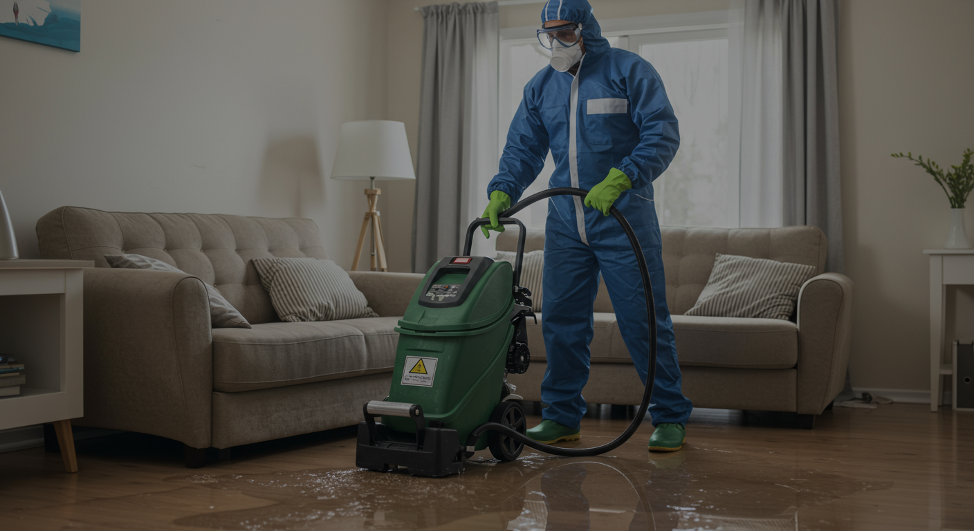 A technician wearing protective gear is actively using a water extraction machine in a flooded living room. The scene shows water pooling on the floor, highlighting the urgency of the restoration process.