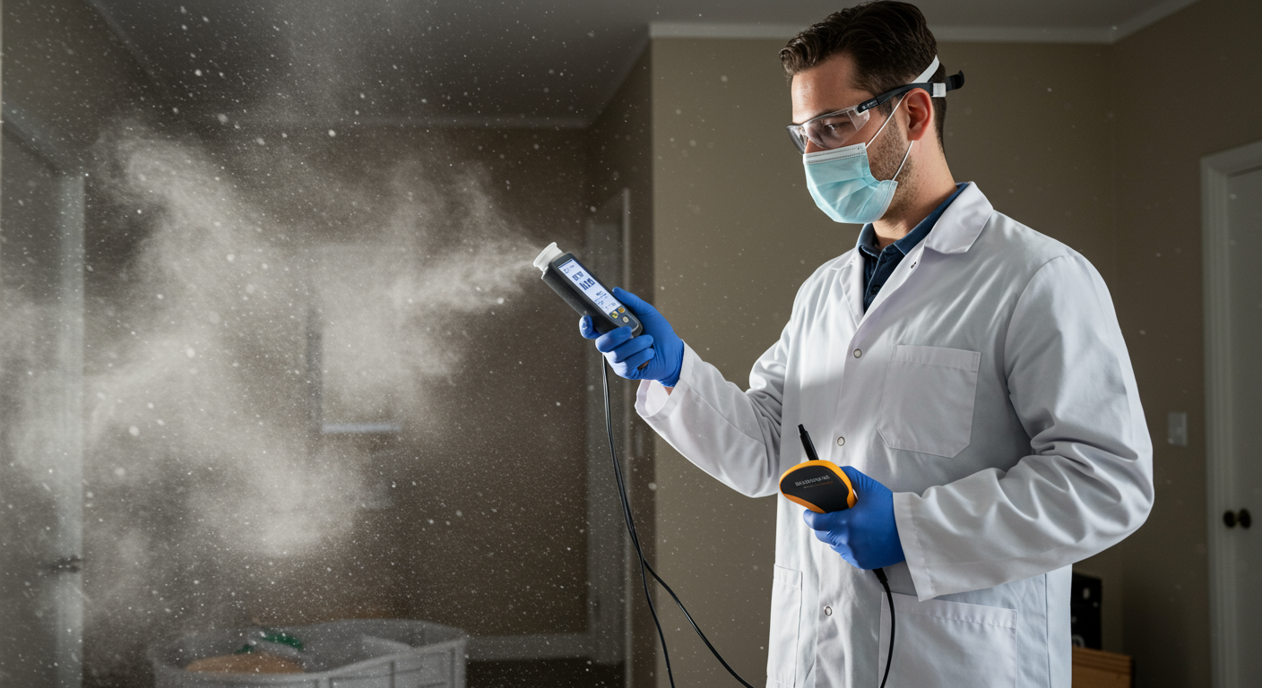 A technician conducting air quality testing in a home after asbestos removal, using specialized equipment to ensure safety and compliance.