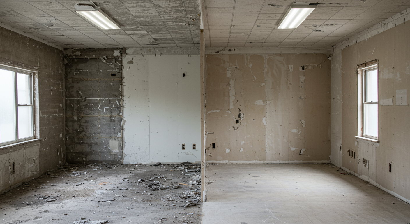 A before-and-after comparison of a space that underwent asbestos abatement. The 'before' side shows visible asbestos materials, while the 'after' side is clean and safe, highlighting the effectiveness of professional services.