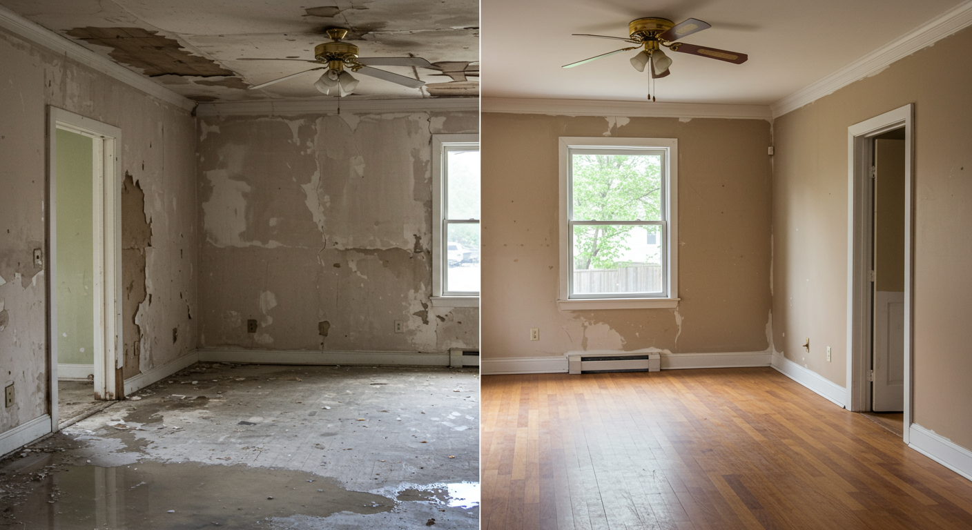 A before-and-after comparison of a room affected by water damage, showcasing the restoration process. One side shows water damage, while the other side displays the fully restored room.