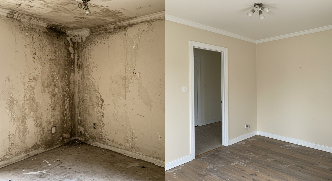 A split image showcasing a room before and after mold remediation, illustrating the dramatic transformation and effectiveness of professional services.