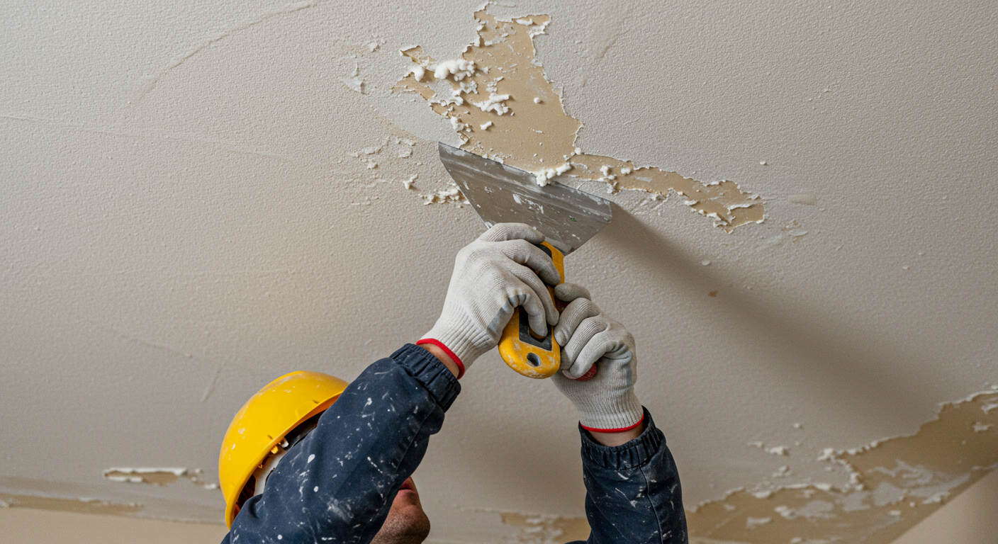 A professional contractor in action, using a scraper to remove cottage cheese texture from a ceiling. The focus is on the tools and technique, showcasing the process of ceiling removal.
