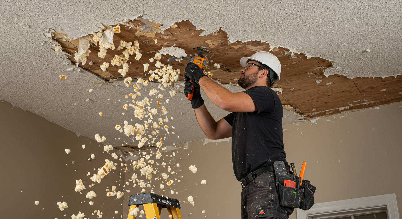 A professional contractor in action, using tools to remove a popcorn ceiling. The image captures the contractor wearing safety gear, with a ladder and tools in the foreground, and popcorn debris falling from the ceiling, illustrating the removal process.