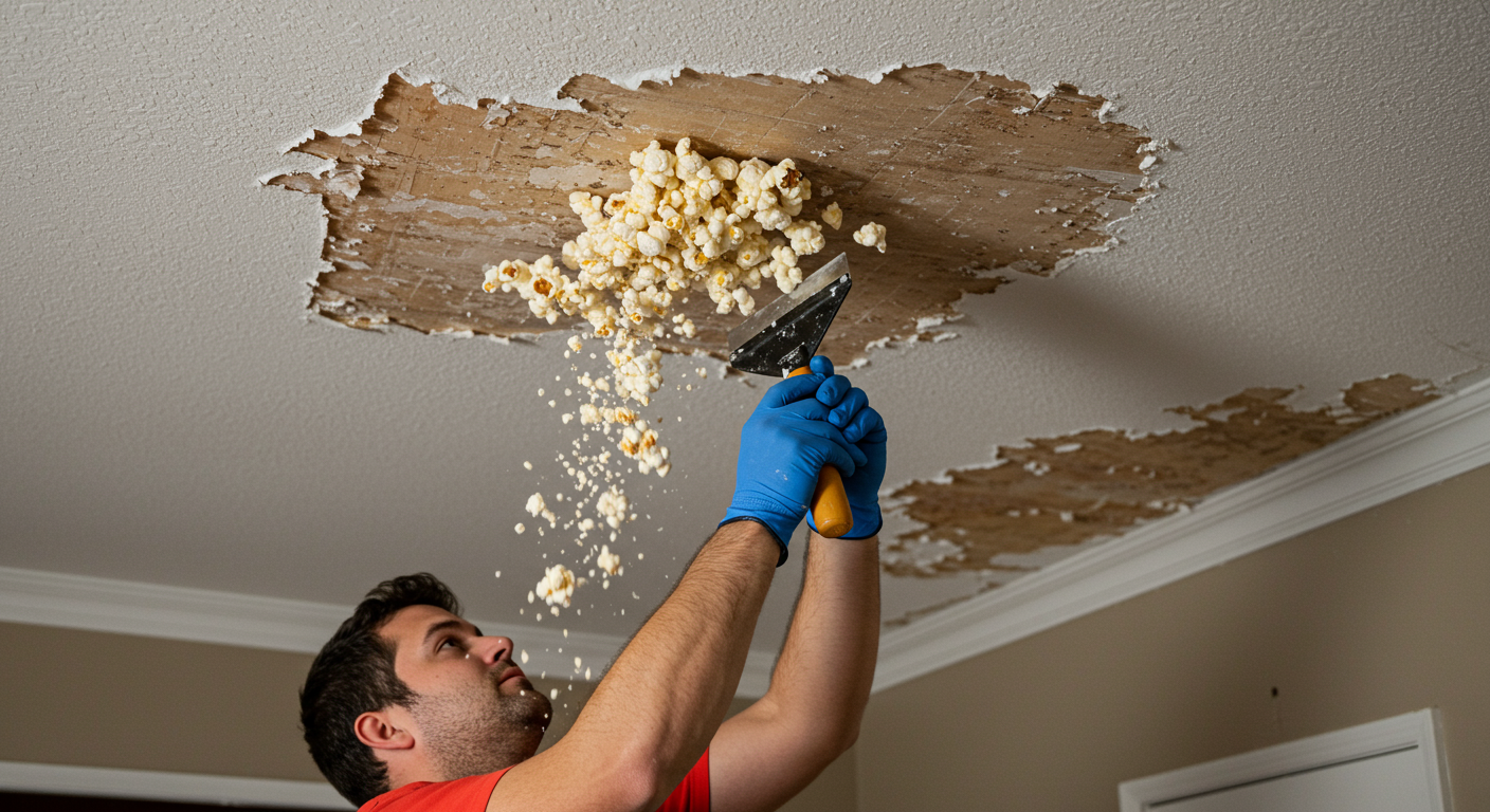 A local contractor skillfully removing a popcorn ceiling in a residential living room. The focus is on the contractor using a scraper, with popcorn texture falling away to reveal a smooth ceiling underneath.
