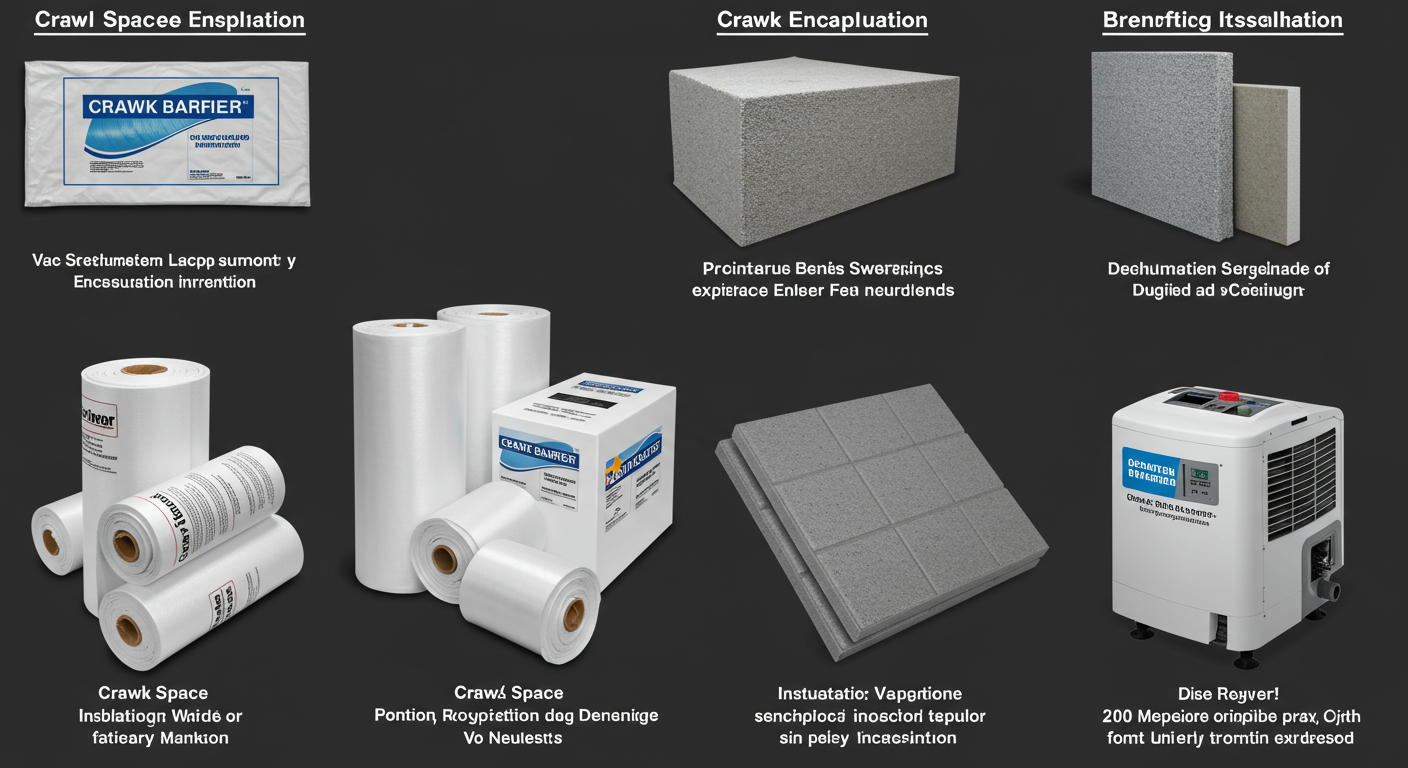 A flat lay image of various crawl space encapsulation materials, including rolls of vapor barriers, insulation panels, and a dehumidifier. Each material is labeled with its benefits.