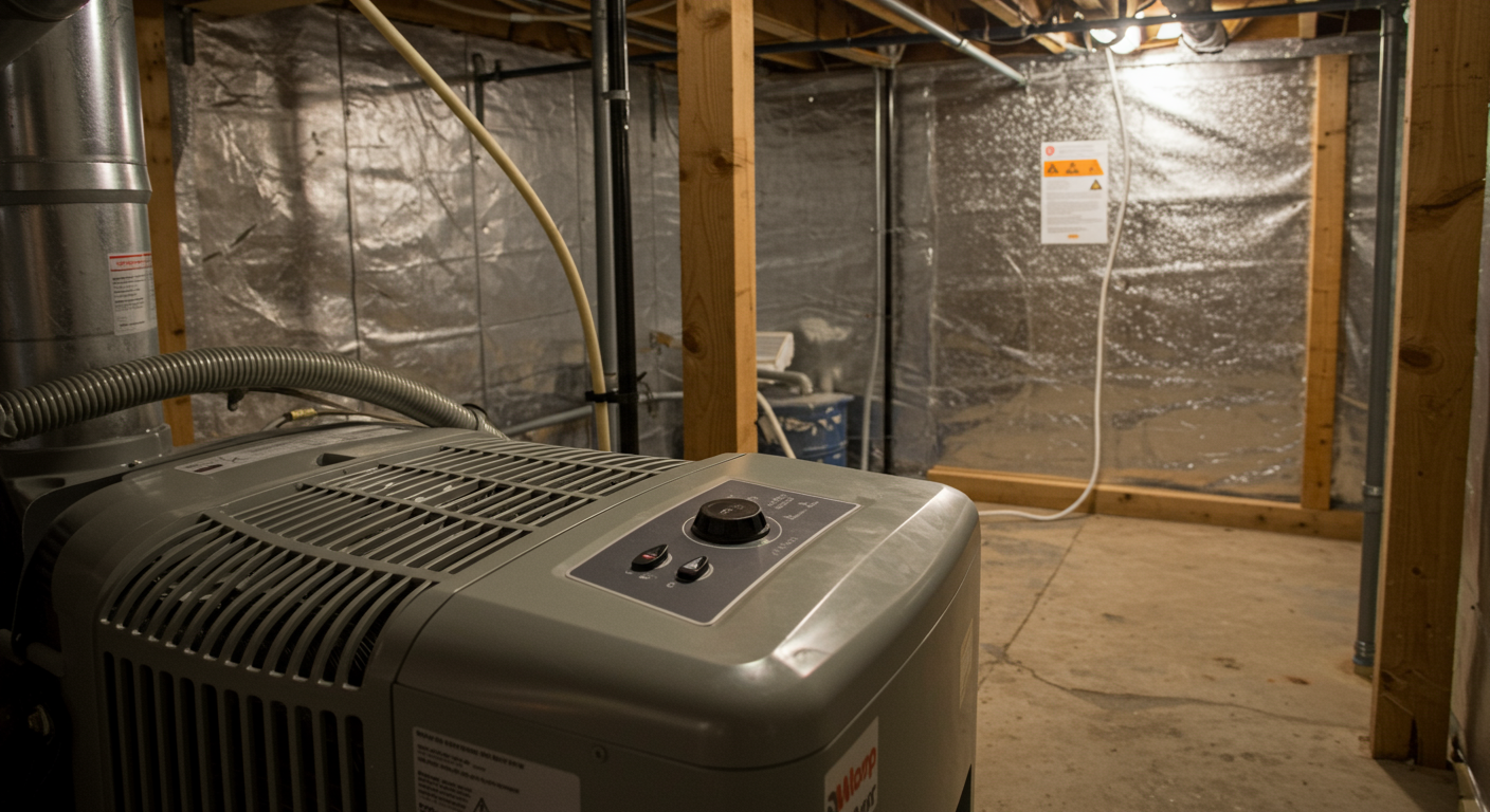 A close-up of a dehumidifier in a crawl space, emphasizing moisture control. The background shows the encapsulated area, highlighting the importance of maintaining a dry environment for home health.