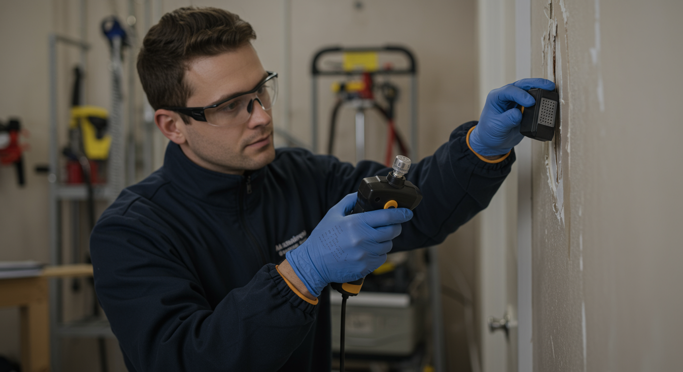 A close-up of a technician inspecting water damage on a wall, using moisture detection equipment. The image captures the technician's focus and professionalism, with tools and restoration equipment in the background.