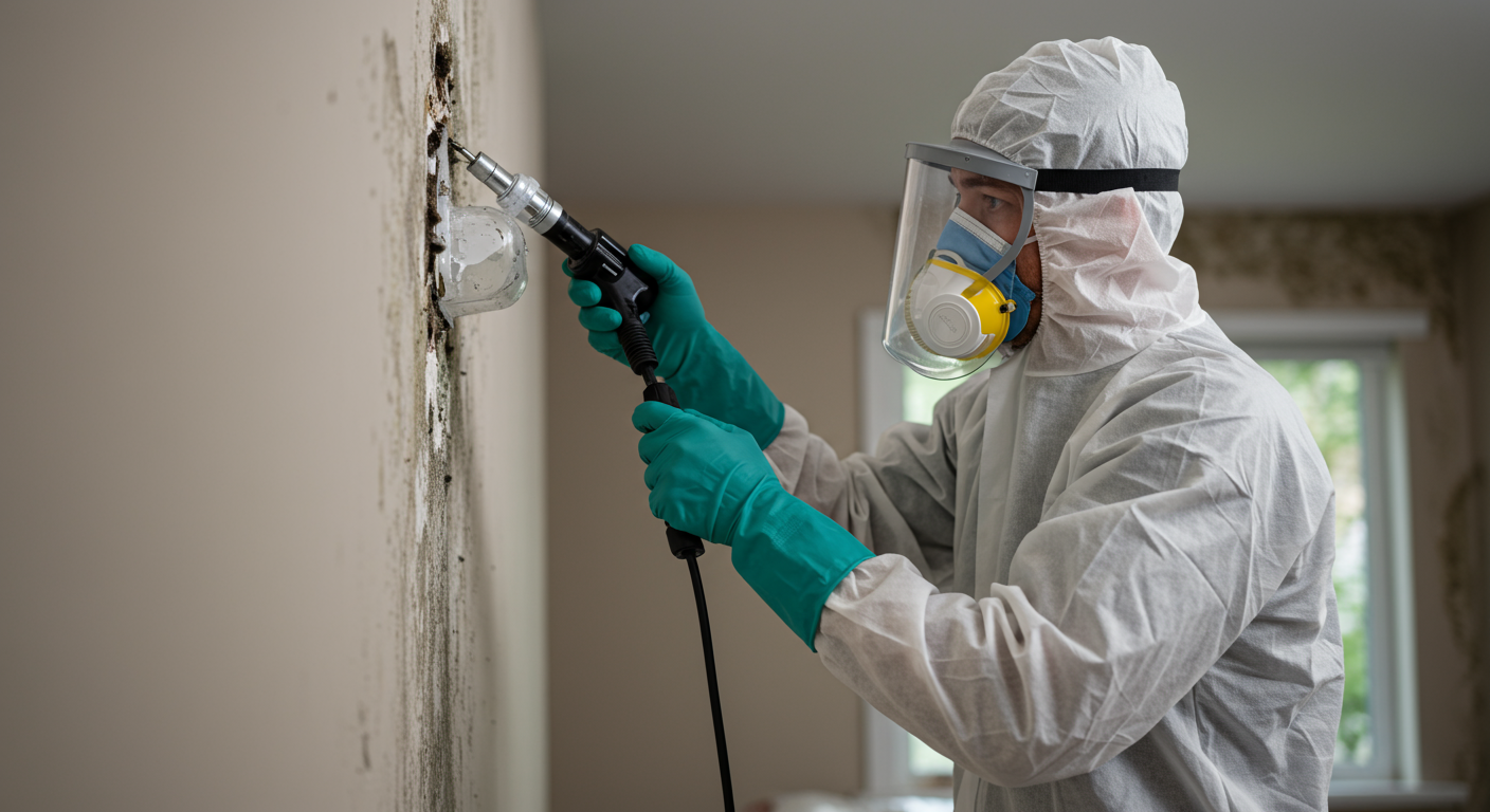 A professional mold remediation technician in protective gear, actively removing mold from a wall. The setting depicts a home environment, emphasizing safety and the importance of professional help.