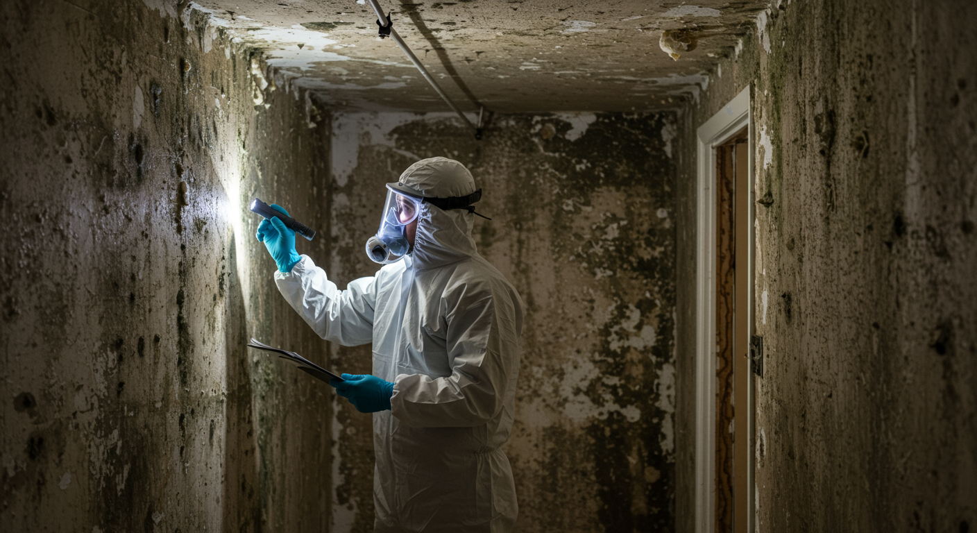 A professional mold removal technician in protective gear inspecting a residential basement with visible mold growth on the walls.