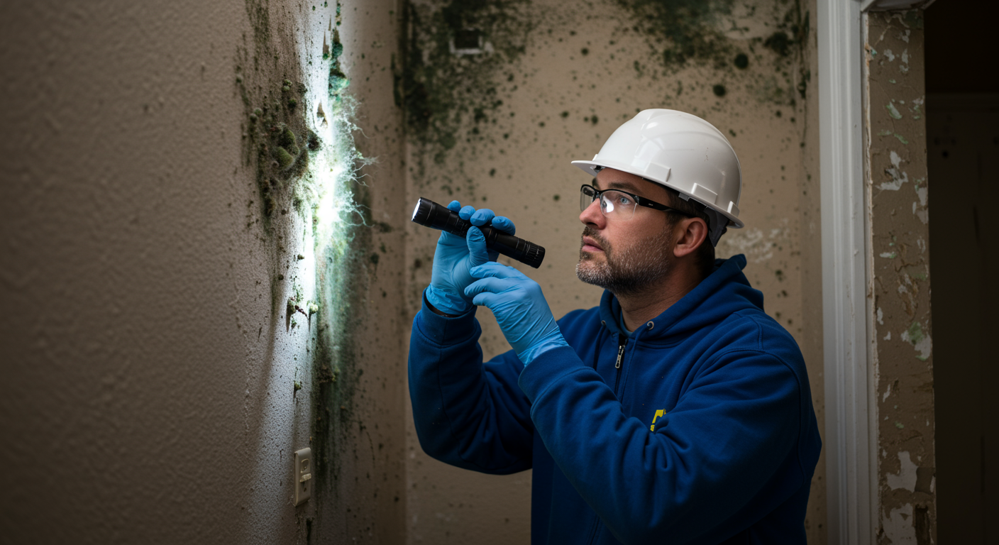 A professional mold inspector examining a home’s interior, using a flashlight to highlight mold growth in a corner. The inspector is wearing protective gear, emphasizing safety during the inspection process.