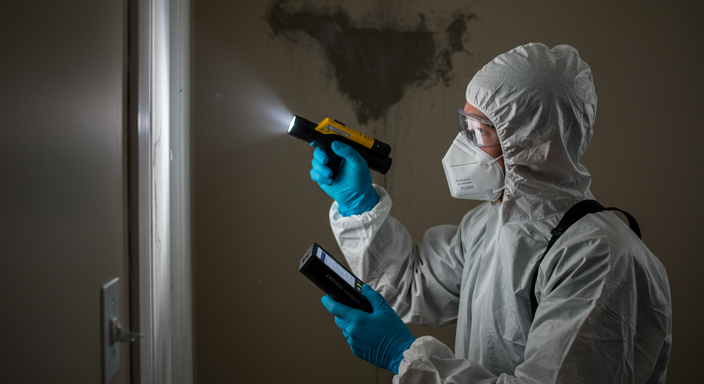 A professional wearing protective gear is inspecting a home for mold using a flashlight and a moisture meter. The focus is on a damp area on the wall where mold is suspected.
