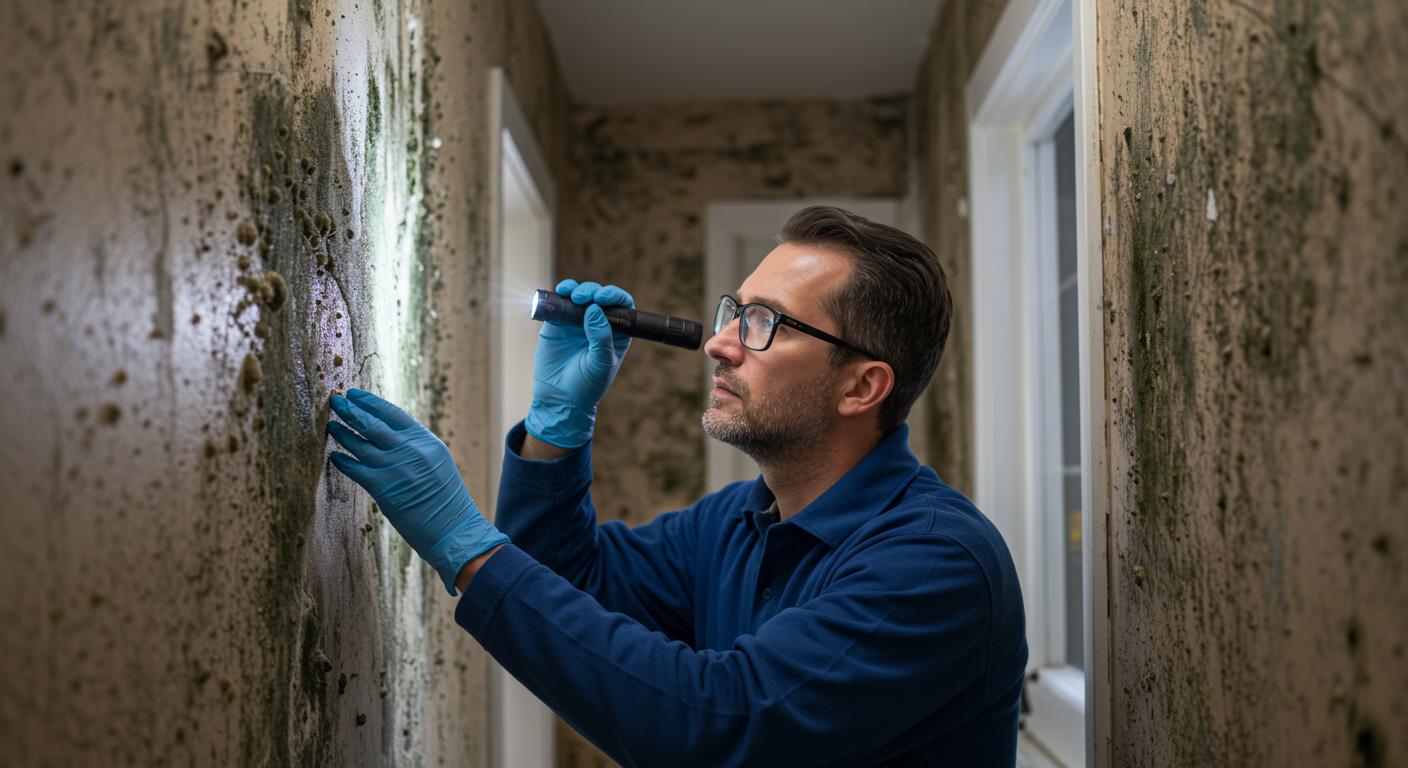 A professional mold inspector examining a wall with visible mold growth in a residential setting. The inspector is wearing protective gear and using a flashlight to highlight the mold.