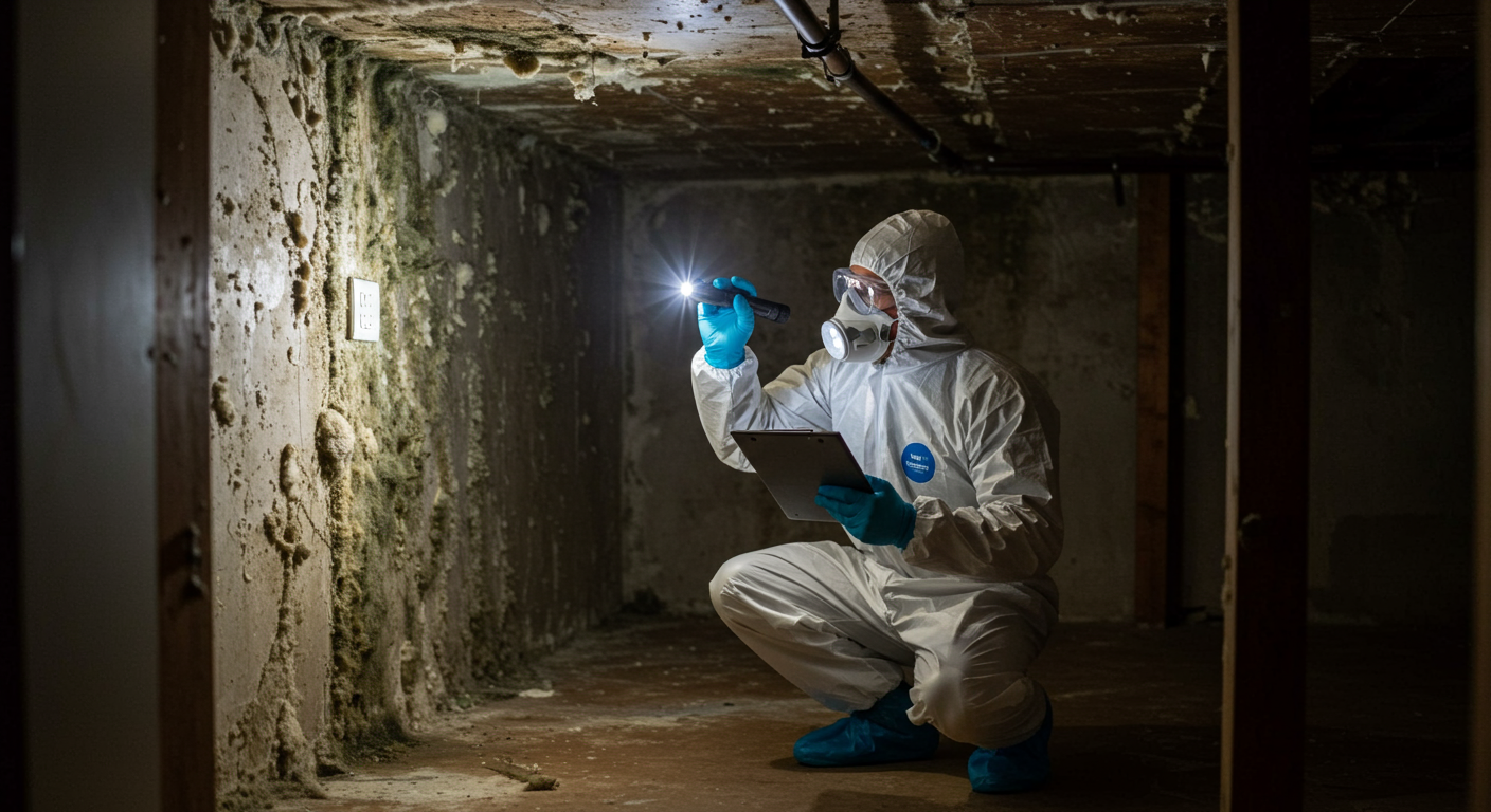 A professional mold remediation technician in protective gear inspecting a residential basement for mold growth.
