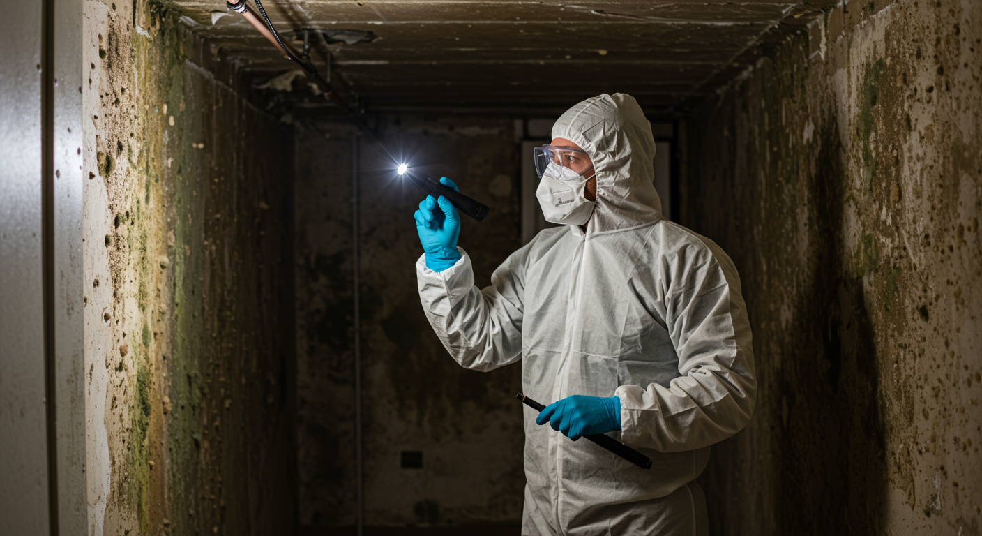 A professional mold remediation technician inspecting a basement for mold growth.