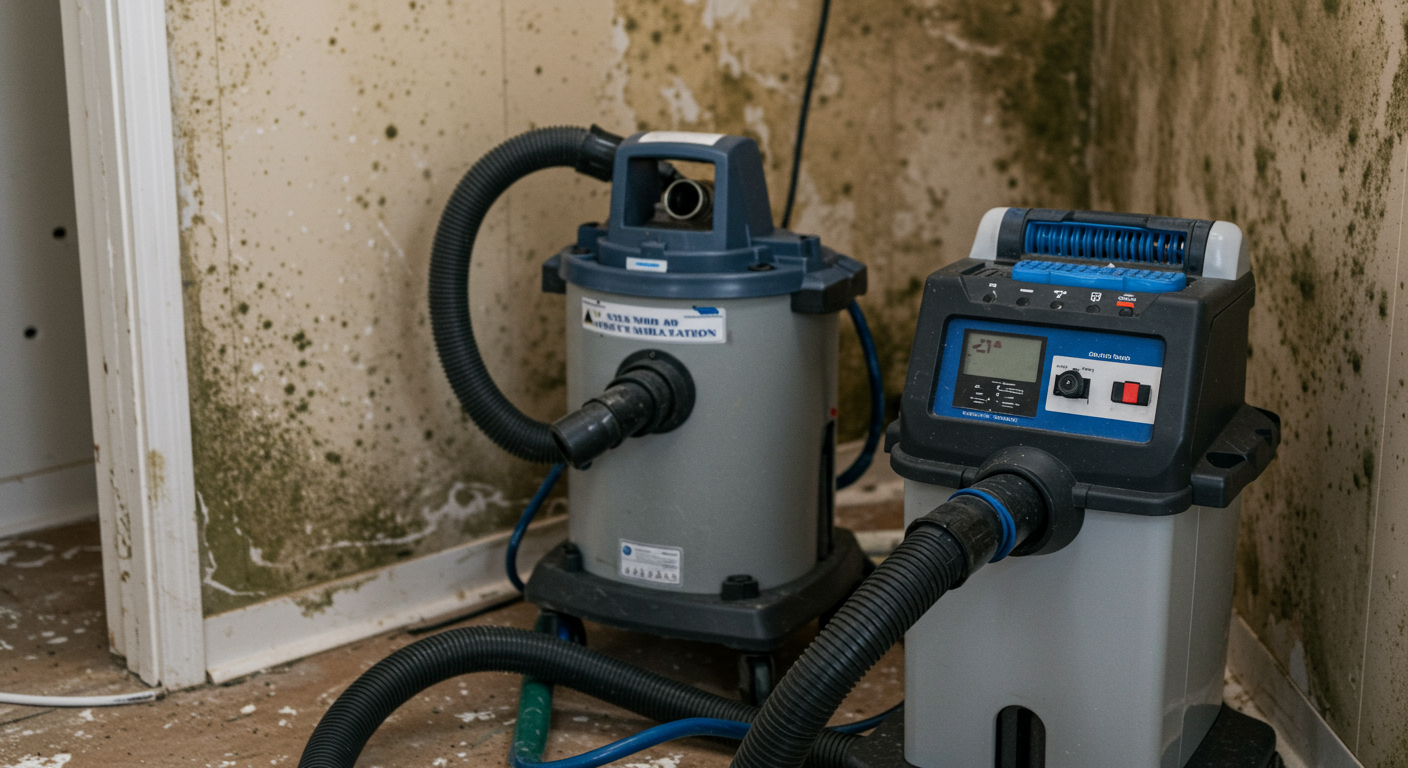 A close-up of a mold remediation process, showing specialized equipment like HEPA vacuums and dehumidifiers in action. The equipment is set up in a room with visible mold, highlighting the professional approach to mold removal.