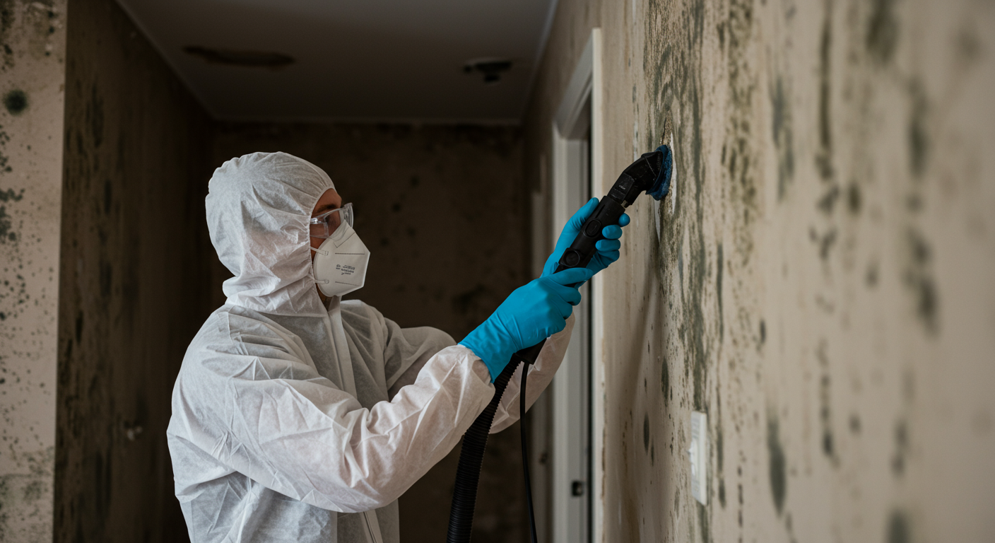 A professional mold removal technician in protective gear actively treating a mold-infested area in a home.