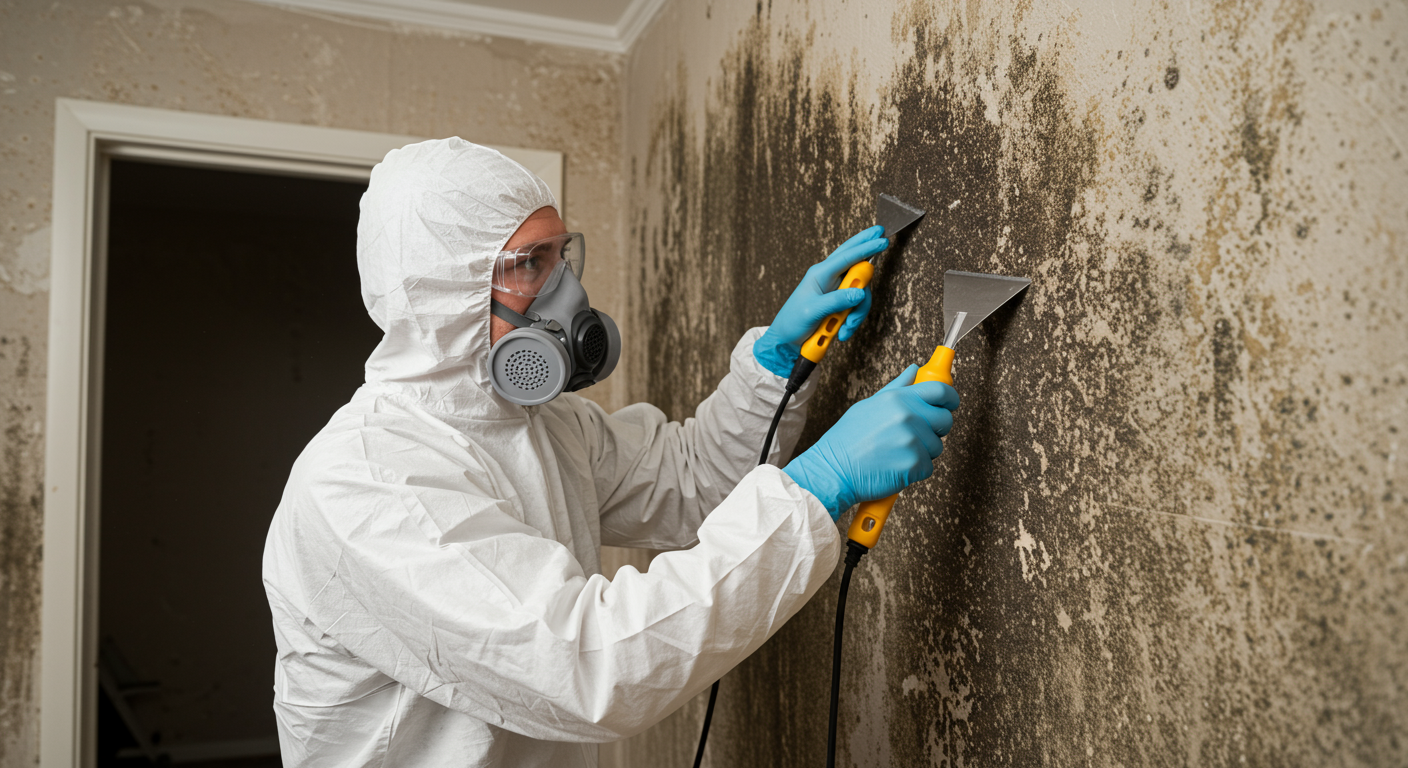 A technician in protective gear actively removing mold from a wall, demonstrating the remediation process.