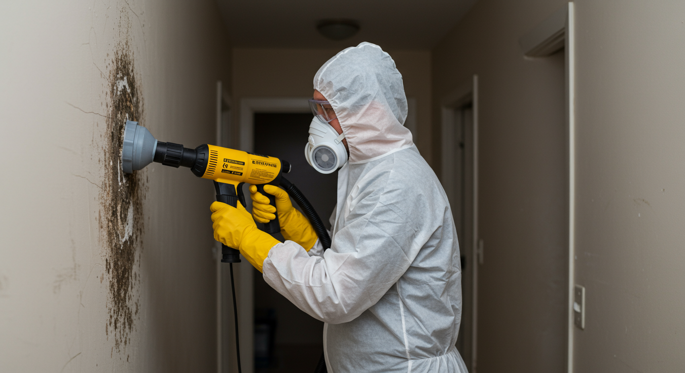 A professional technician in protective gear actively removing mold from a wall in a residential setting. The focus is on the technician using specialized equipment.