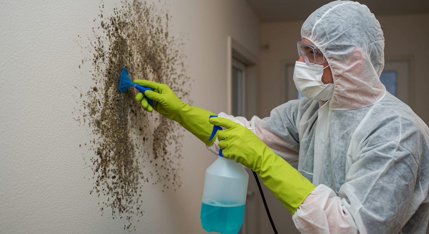 A professional in protective gear using a spray bottle to apply a mold removal solution on a wall. The focus is on the action of cleaning, with visible mold patches on the wall.