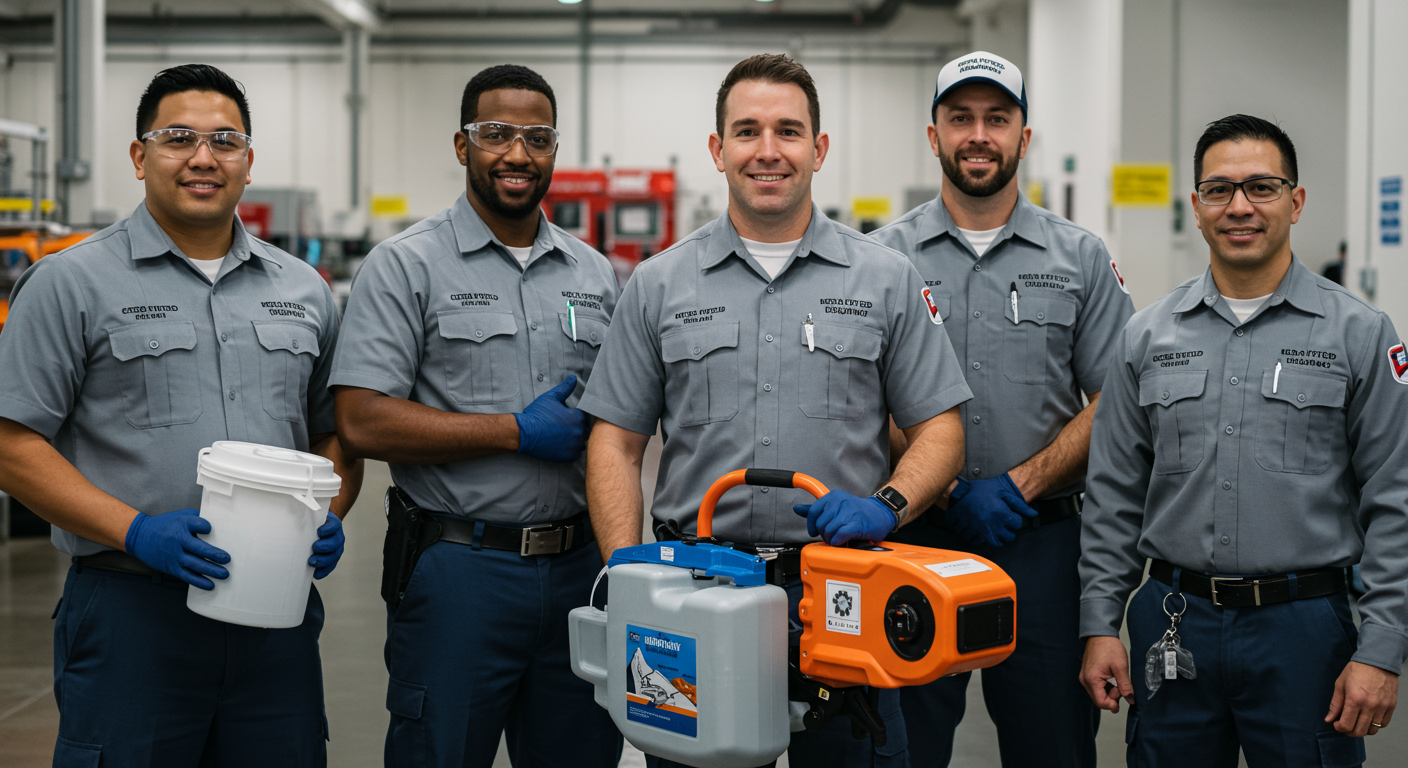 A group of certified mold removal technicians in uniform, standing together with their equipment. They are smiling and looking confident, representing teamwork and expertise in mold remediation.