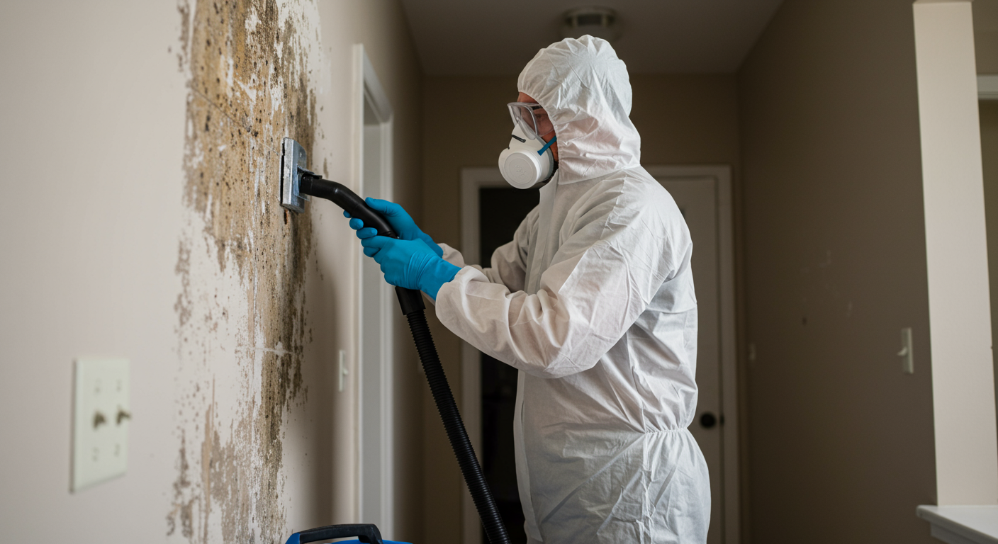 A professional technician in protective gear using a HEPA vacuum to remove mold from a wall in a residential setting.