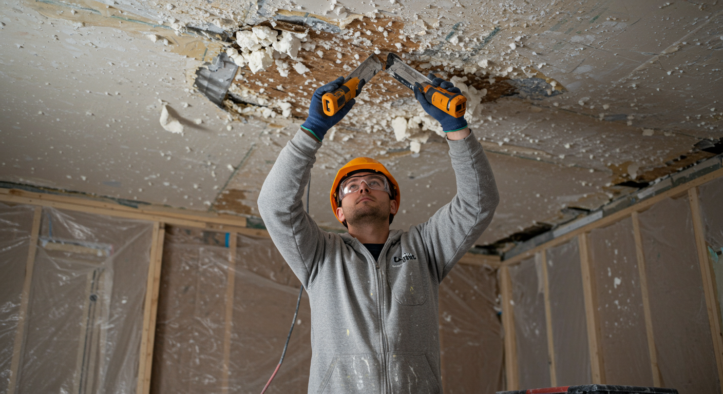 A professional contractor wearing safety gear actively removing popcorn ceiling material, with tools and equipment visible, set against a partially completed room.