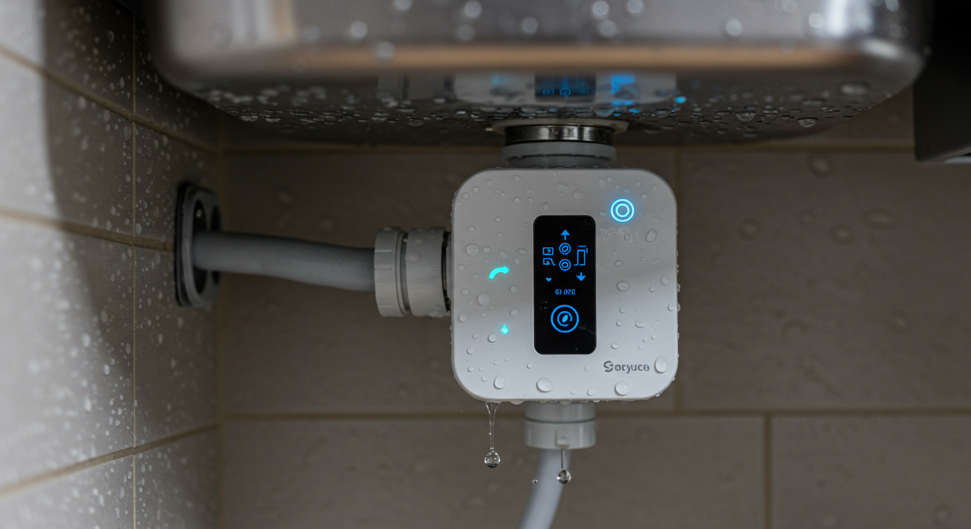 A close-up of a smart water leak detection system installed under a kitchen sink, with water droplets visible. This image illustrates modern technology in preventing water damage.