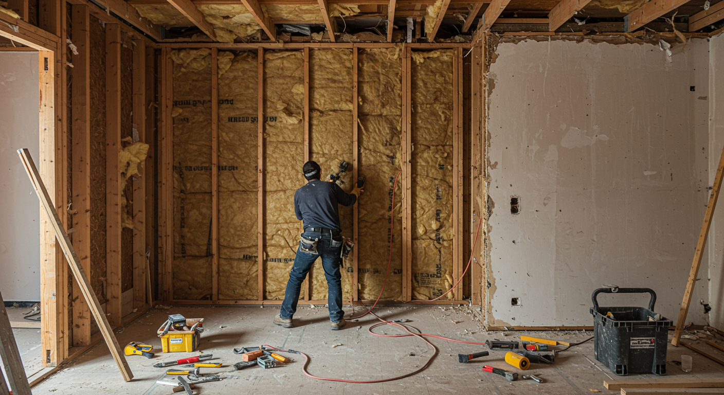 A construction worker repairing a damaged wall in a home, with exposed wooden beams and insulation. Tools are scattered around, and the worker is focused on fixing the structure.