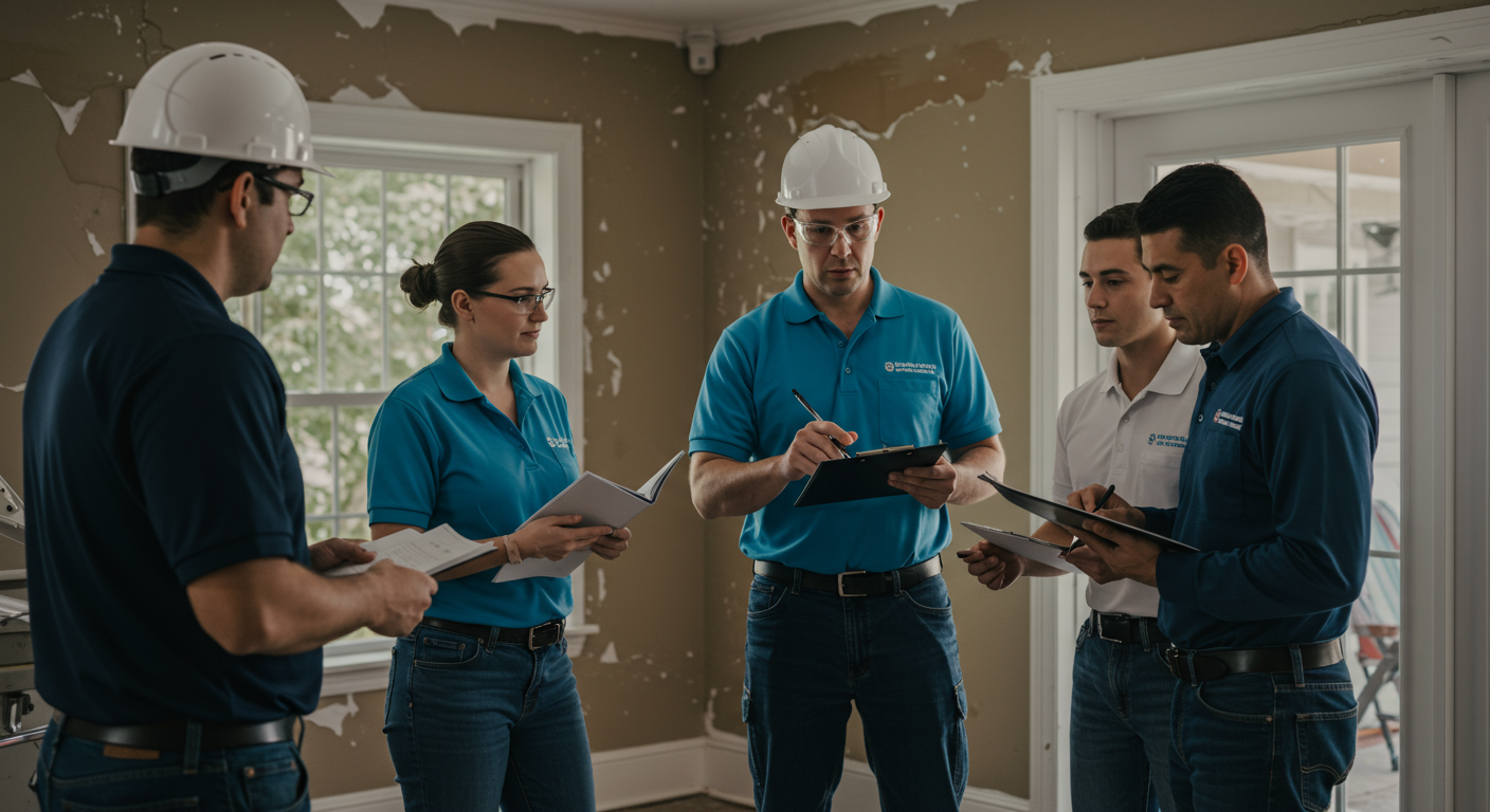 A group of restoration professionals collaborating on-site, discussing strategies while assessing water damage in a home. The image conveys teamwork and expertise in handling restoration challenges.