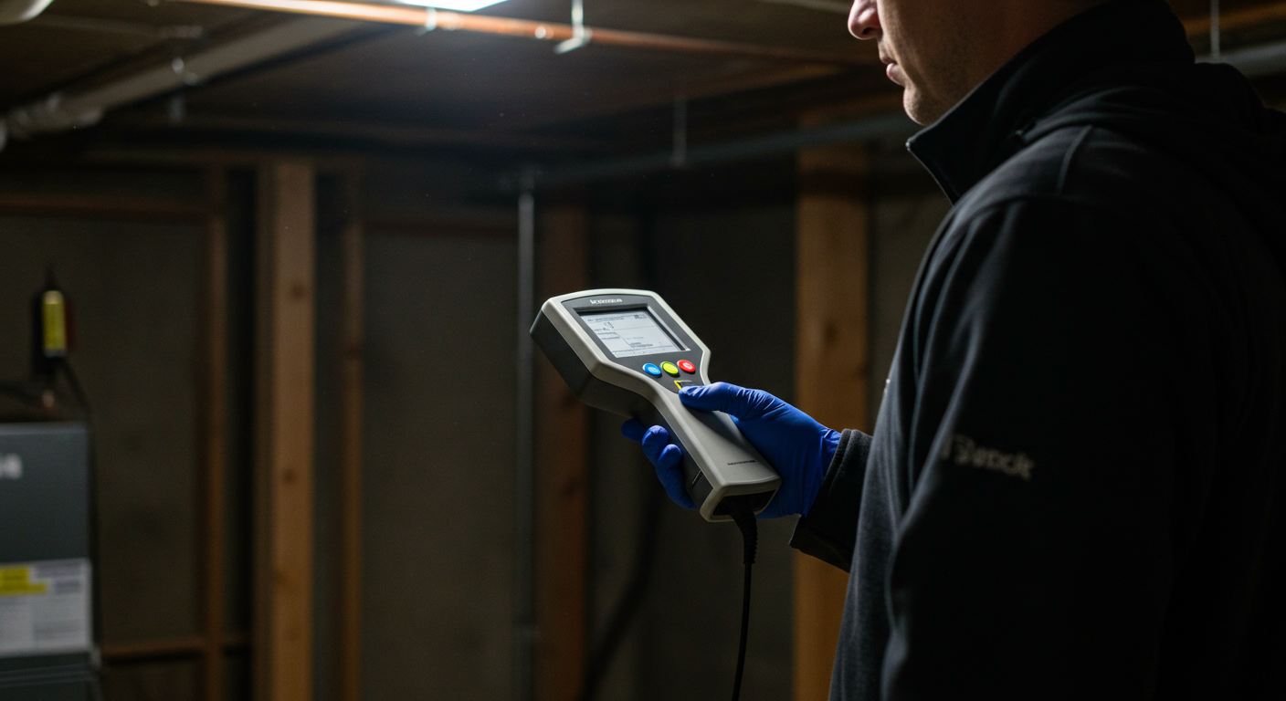 A technician using a high-tech mold detection device in a dimly lit basement, showcasing the advanced technology used in mold testing.
