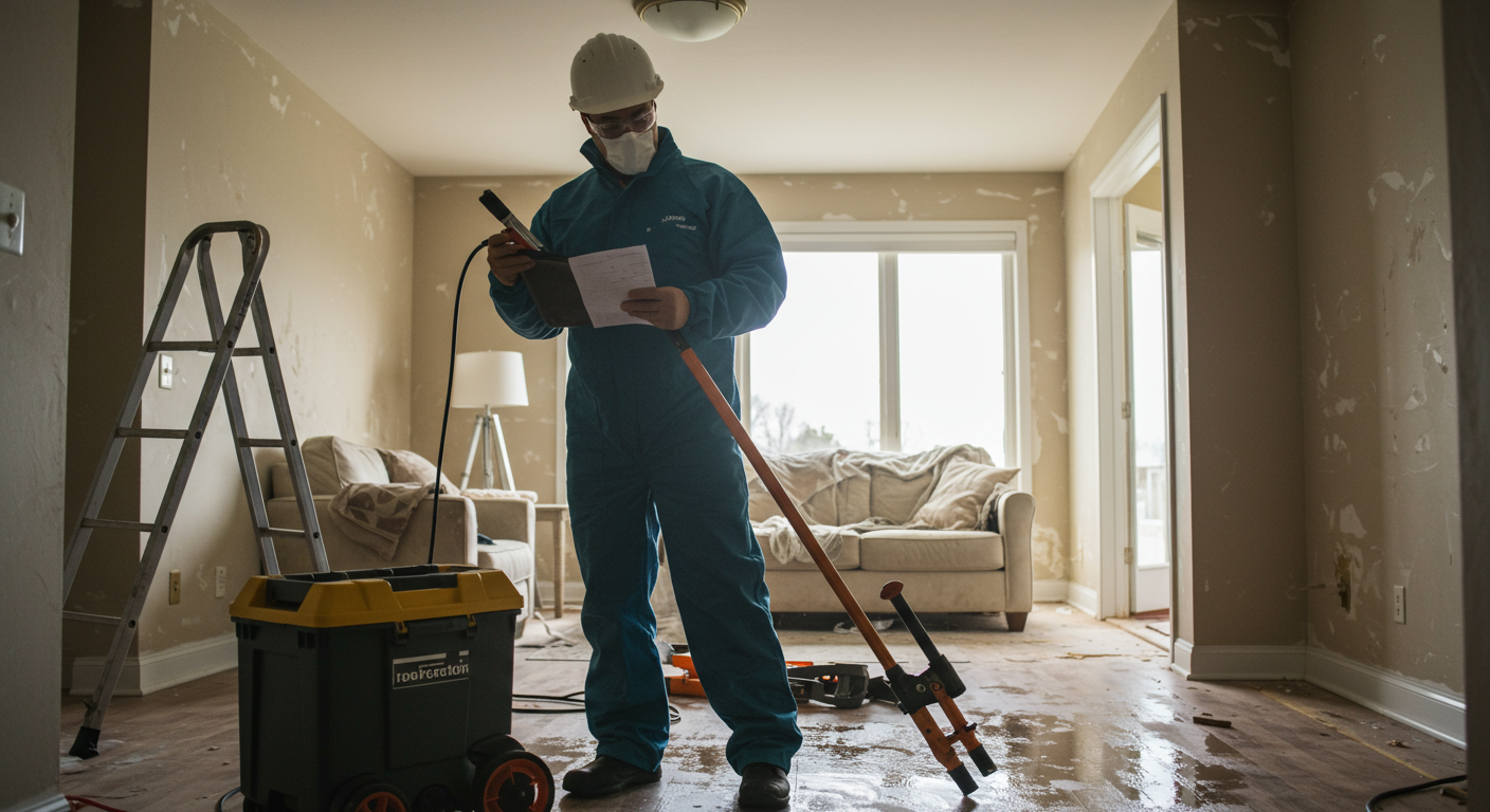 A professional restoration technician inspecting a water-damaged home, with visible tools and equipment in the foreground. The background shows a partially restored living room with bright natural light streaming in.