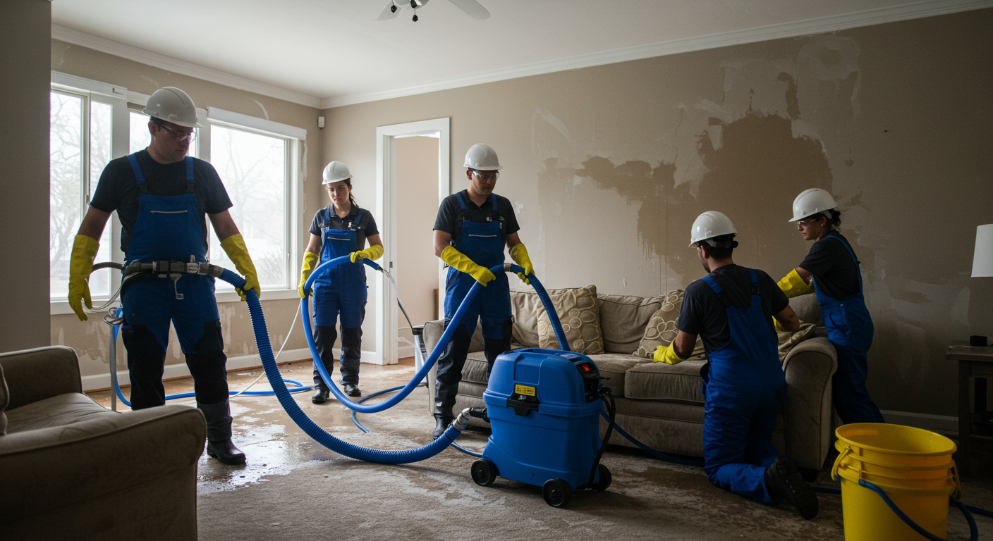 A team of professionals in safety gear actively working on a water-damaged living room. They are using specialized equipment to extract water from carpets and furniture.