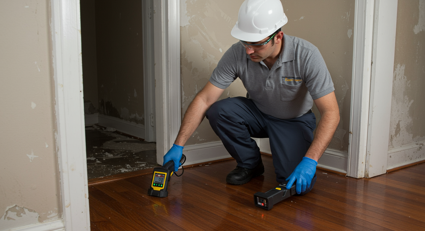 A professional inspecting water-damaged walls and flooring with moisture detection equipment.