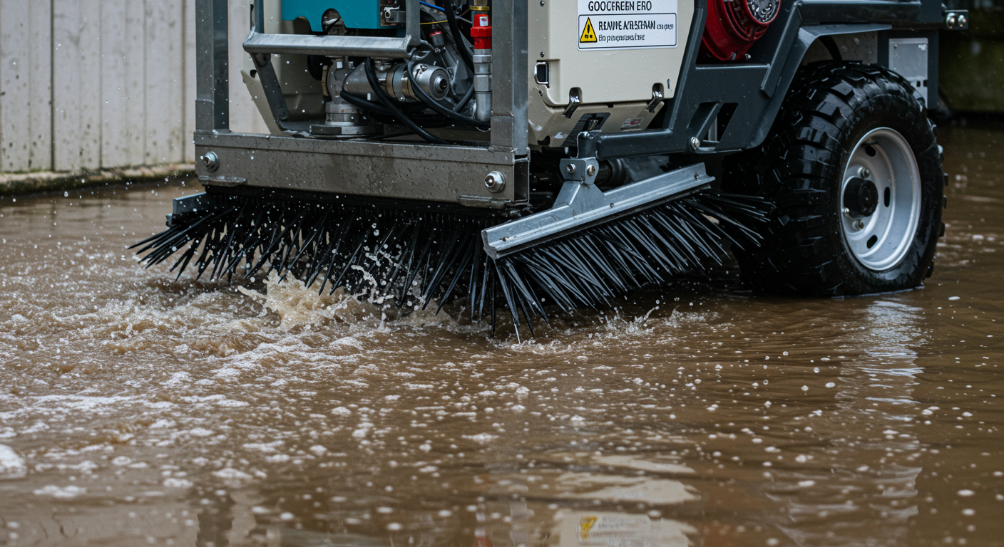 Close-up of advanced water extraction equipment being used in a flooded area, showcasing the technology involved in the water removal process.