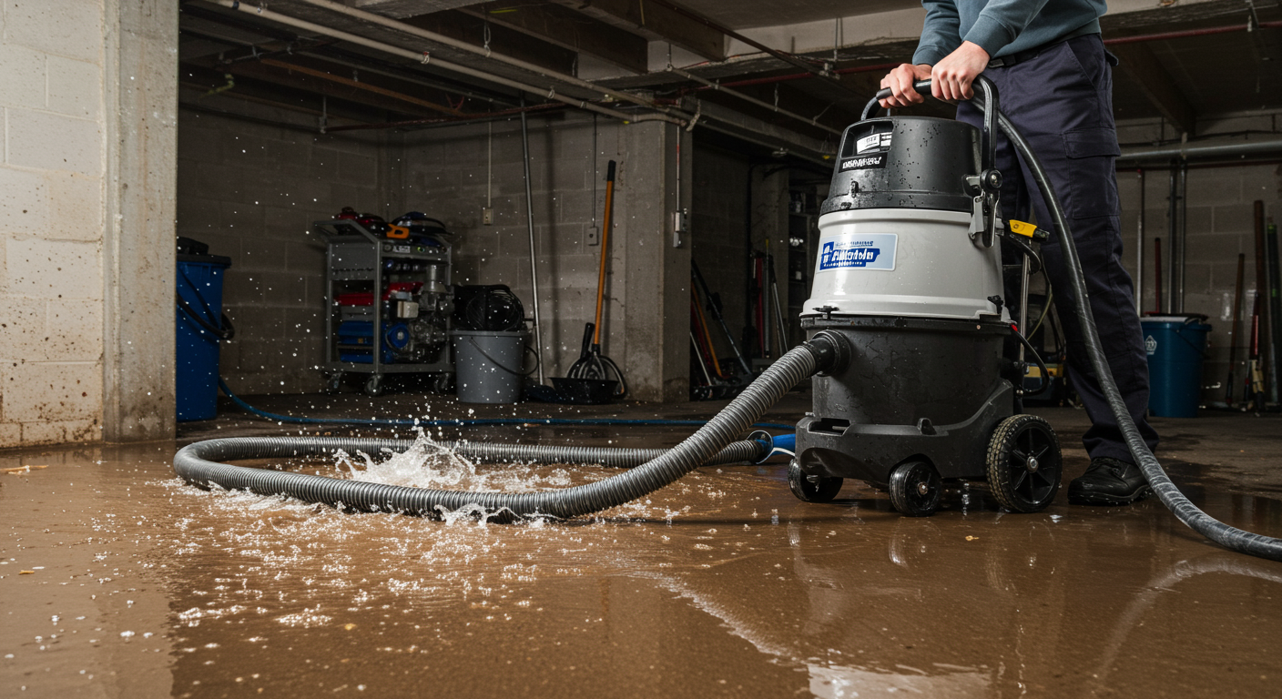 A dynamic shot of a professional using a powerful water extraction machine in a flooded basement. The image captures the action of water being sucked up from the floor, with equipment and tools visible in the background.