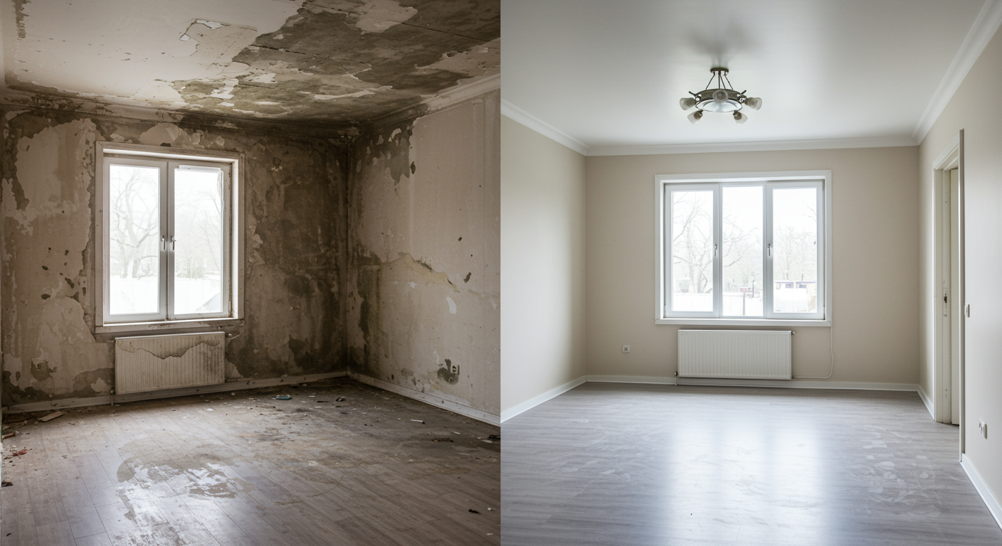 A split image showing a room before water damage restoration (with visible damage) and after (fully restored and clean).
