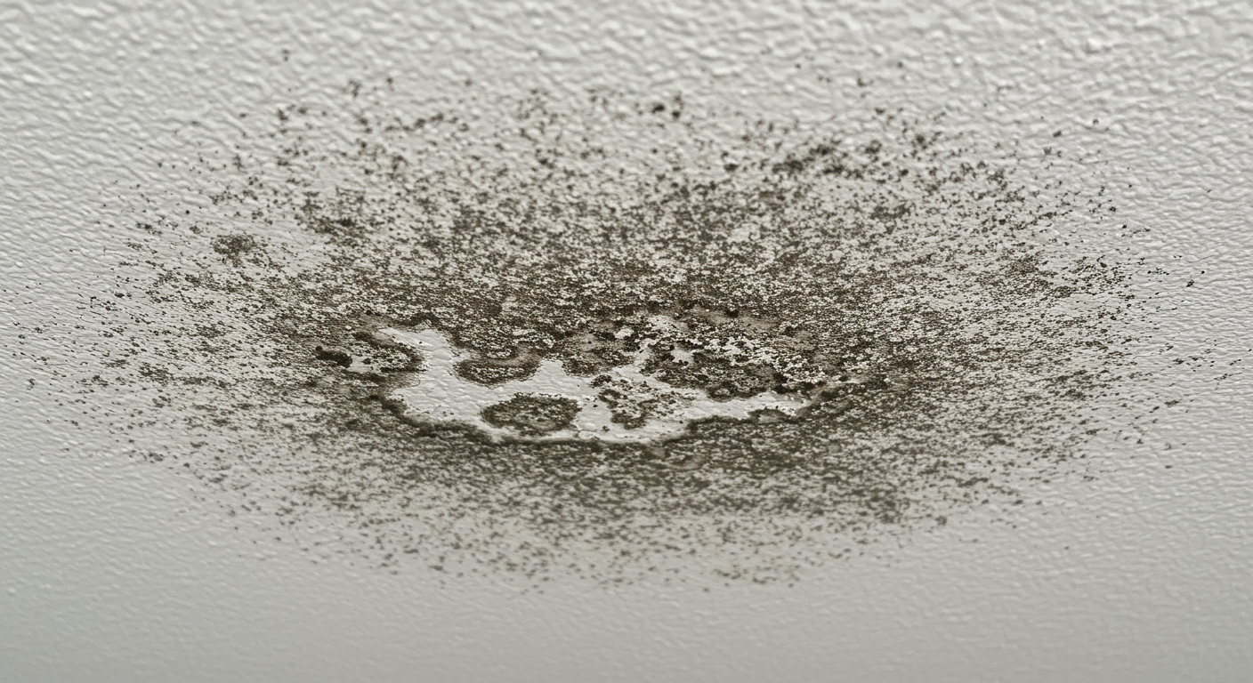 A close-up shot of a ceiling with visible black mold patches, showcasing the texture and color contrast against a white ceiling. The focus is on the mold's growth pattern.